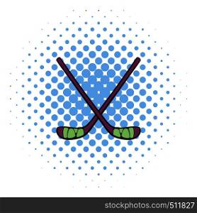 Hockey sticks icon in comics style on a white background. Hockey sticks icon, comics style