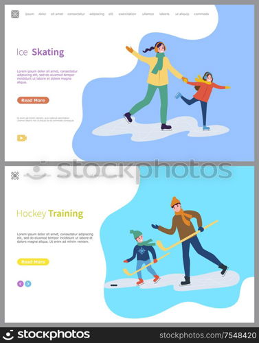 Hockey training and skating on ice rink people spending time outdoors vector. Family days, father son with wooden sticks playing game, sports activity. Hockey Training and Skating on Ice Rink People