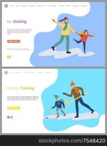 Hockey training and skating on ice rink people spending time outdoors vector. Family days, father son with wooden sticks playing game, sports activity. Hockey Training and Skating on Ice Rink People