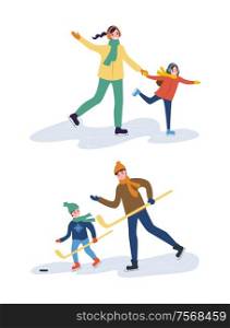 Hockey training of father and son, mother with kid vector. Mom skating with daughter, family time spent in winter season. People outdoors playing. Hockey Training of Father and Son, Mother with Kid