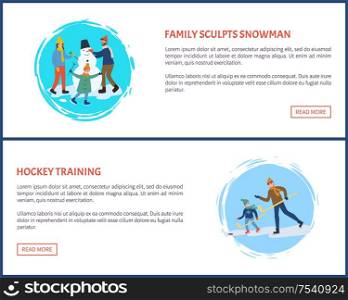 Hockey training of father and son playing winter season game vector. People with wooden sticks skating on ice rink snowman building of family with kid. Hockey Training of Father and Son Playing Game