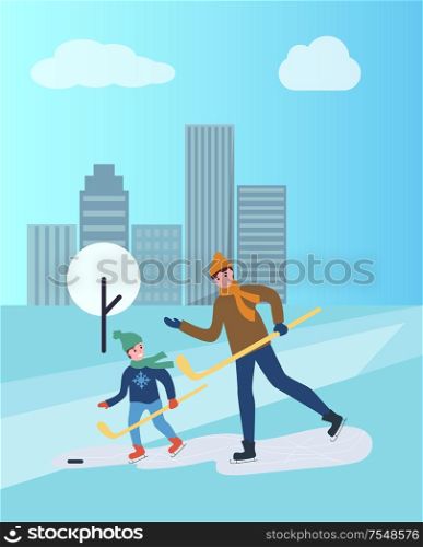 Hockey training of man and child, father and son vector. People spending time outdoors, daddy teaches child winter sports, hobby practicing outdoors. Hockey Training of Man and Child, Father and Son