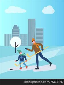 Hockey training of man and child, father and son vector. People spending time outdoors, daddy teaches child winter sports, hobby practicing outdoors. Hockey Training of Man and Child, Father and Son