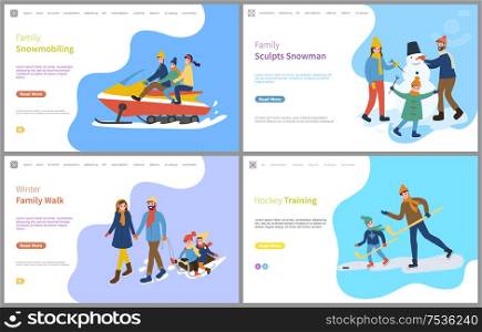 Hockey training, sculpture of snowman family set vector. People spending time outdoors, mother and father with children, hockey training, snowmobiling. Hockey Training, Sculpture of Snowman Family Set