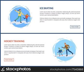 Hockey training winter games and sports web pages set with text sample vector. Man with kid skating on ice rink, holding wooden sticks hockey training. Hockey Training Winter Games and Sports Web Set
