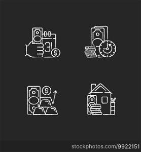 Hockshop chalk white icons set on black background. Payday loan. Extension. Gold price. Down payment. Short-term borrowing. Skipping immediate payments. Isolated vector chalkboard illustrations. Hockshop chalk white icons set on black background