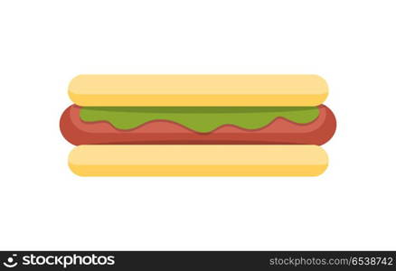 Hod dog vector illustration. Flat design. Traditional fast food dish with buns, sausage, salad and spices. Junk street snack. For food concepts, diet infographics, restaurant menu and ad. On white . Hot Dog Vector Illustration in Flat Design. Hot Dog Vector Illustration in Flat Design