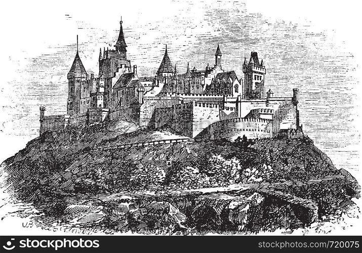 Hohenzollern Castle or Burg Hohenzollern in Stuttgart, Germany, during the 1890s, vintage engraving. Old engraved illustration of Hohenzollern Castle.