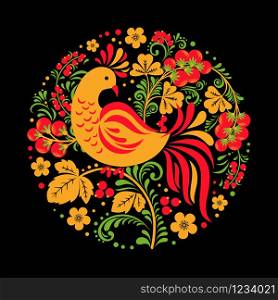 Hohloma bird with floral ornament on black background in round shape. Traditional Russian ornament for print, plate, banner or poster.. Hohloma bird with floral ornament on black background in round shape.