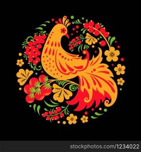 Hohloma bird with floral ornament on black background in round shape. Traditional Russian ornament for print, plate, banner or poster.. Hohloma bird with floral ornament on black background in round shape.