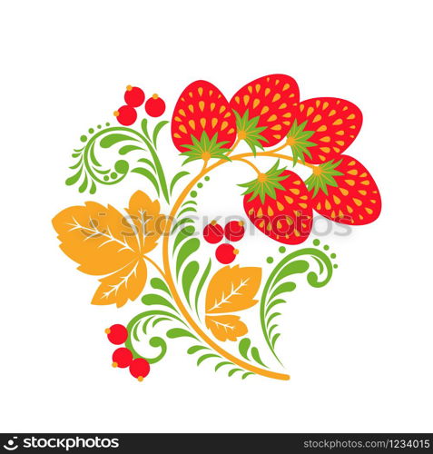 Hohloma decor element with berries and leaves isolated on white background. Russian traditional ethnic classic ornament in Khokhloma style. Vector illustration.. Hohloma vector decor element with berries and leaves isolated on white background.