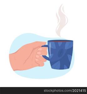 Hold blue cup of aromatic americano 2D vector isolated illustration. Hot beverage. Taking mug with coffee flat first view hand on cartoon background. Warm drink for cold weather colourful scene. Hold blue cup of aromatic americano 2D vector isolated illustration