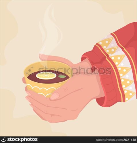 Hold cup of black lemon tea flat color vector illustration. Warm steaming drink with peppermint. Taking mug of aromatic beverage 2D cartoon first view hand with abstract background. Hold cup of black lemon tea flat color vector illustration
