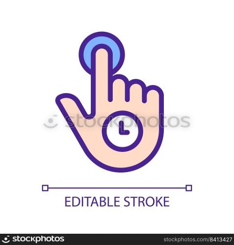 Hold pixel perfect RGB color icon. Long press. Touchscreen control. Smartphone navigation. Show more options. Silhouette symbol on white space. Solid pictogram. Vector isolated illustration. Hold pixel perfect RGB color icon