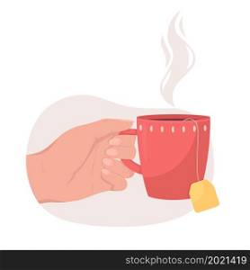 Hold red cup of aromatic tea 2D vector isolated illustration. Hot beverage. Taking red mug with tea tug flat first view hand on cartoon background. Warm drink for cold weather colourful scene. Hold red cup of aromatic tea 2D vector isolated illustration