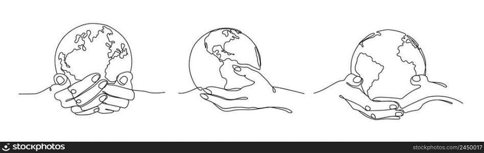 Hold world in hands. Carry earth, one line globe in hand and global support concept vector illustration set of world earth planet in hands symbol. Hold world in hands. Carry earth, one line globe in hand and global support concept vector illustration set