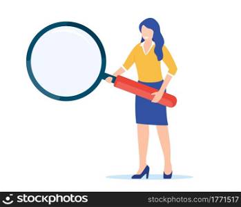 holding a magnifying glass. Woman searching for new perspective and opportunity. Leadership concept. Vector illustration in flat style. woman holding a magnifying glass.
