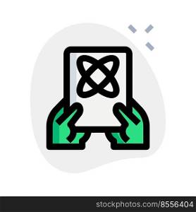 Holding atomic, structure files by both hands isolated on a white background