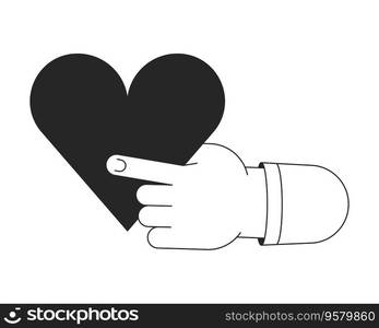 Holding big heart flat monochrome isolated vector object. Share love. Editable black and white line art drawing. Simple outline spot illustration for web graphic design. Holding big heart flat monochrome isolated vector object