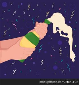 Holding bottle with pouring sparkling wine flat color vector illustration. Celebrating festive event. Holding glass with alcoholic fuzzy drink 2D cartoon first view hand with abstract background. Holding bottle with pouring sparkling wine flat color vector illustration