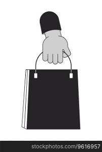 Holding branded paper bag cartoon human hand outline illustration. Carrying shopping bag 2D isolated black and white vector image. Sales clothing store packaging flat monochromatic drawing clip art. Holding branded paper bag cartoon human hand outline illustration