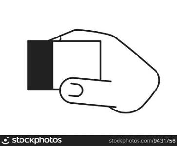 Holding building block monochromatic flat vector hand. Play constructor. Preschooler with kindergarten toy. Editable thin line body part on white. Simple bw cartoon spot image for web graphic design. Holding building block monochromatic flat vector hand