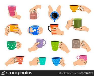 Holding cup. Hot mugs in hands recent vector tea time concept illustrations. Illustration of drink hot mug with coffee. Holding cup. Hot mugs in hands recent vector tea time concept illustrations