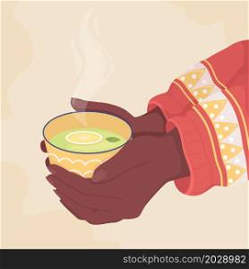 Holding cup of green lemon tea flat color vector illustration. Warm drink with peppermint. Taking mug of aromatic herbal beverage 2D cartoon first view hand with abstract background. Holding cup of green lemon tea flat color vector illustration