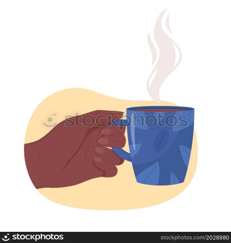 Holding cup of hot coffee 2D vector isolated illustration. Aromatic beverage. Taking mug with americano flat first view hand on cartoon background. Warm drink for cold weather colourful scene. Holding cup of hot coffee 2D vector isolated illustration