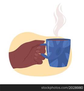 Holding cup of hot coffee 2D vector isolated illustration. Aromatic beverage. Taking mug with americano flat first view hand on cartoon background. Warm drink for cold weather colourful scene. Holding cup of hot coffee 2D vector isolated illustration