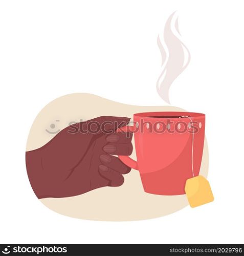 Holding cup of hot tea 2D vector isolated illustration. Aromatic beverage. Taking red mug with tea tug flat first view hand on cartoon background. Warm drink for cold weather colourful scene. Holding cup of hot tea 2D vector isolated illustration