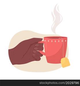 Holding cup of hot tea 2D vector isolated illustration. Aromatic beverage. Taking red mug with tea tug flat first view hand on cartoon background. Warm drink for cold weather colourful scene. Holding cup of hot tea 2D vector isolated illustration