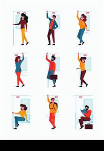 Holding handrail. People standing in train subway adventure travelling characters garish vector illustrations set. Illustration of train passenger in subway city. Holding handrail. People standing in train subway adventure travelling characters garish vector illustrations set