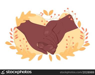 Holding hands 2D vector isolated illustration. Lovers in love touching arms. Romantic relationship flat first view hand on cartoon background. Relations with significant other colourful scene. Holding hands 2D vector isolated illustration