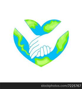 Holding hands in globe heart shape. Happy Earth day concept, World Environment Day, icon design for poster, card and banner. Illustration isolated on white background.