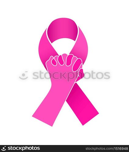 Holding hands in pink ribbon. Breast Cancer Awareness Month Campaign. Icon design for poster, banner, t-shirt. Illustration isolated on white background.