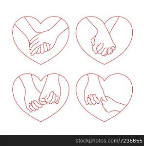 Holding hands on heart shape. icon design set in outline style. concept of supporting, you and me together. Vector illustration.