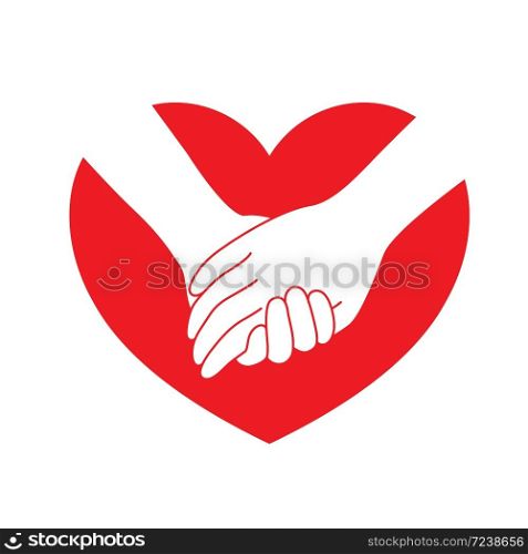 Holding hands on red heart. icon design in flat style. concept of supporting, vector illustration.