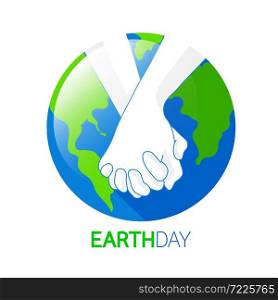 Holding hands with Earth planet. Earth Day concept. Icon design for poster, banner, t-shirt or website. illustration isolated on white background.