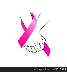 Holding hands with pink ribbon. Breast Cancer Awareness Month Campaign. Icon design for poster, banner, t-shirt. Illustration isolated on white background.