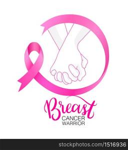 Holding hands with Pink ribbon curve. Breast Cancer Awareness Month Campaign. Icon design. Vector illustration isolated on white background.