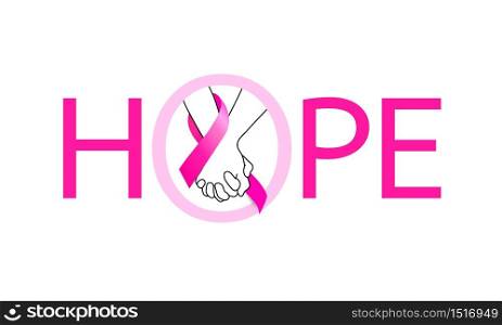 Holding hands with pink ribbon in hope. Breast Cancer Awareness Month Campaign. Icon design for poster, banner, t-shirt. Illustration isolated on white background.