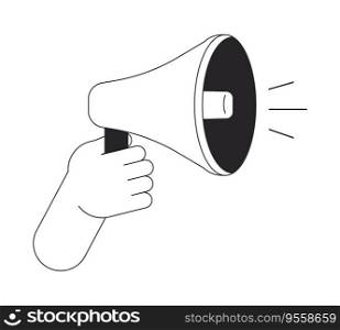 Holding megaphone flat monochrome isolated vector hand. Speaking trumpet. Loud sound. Editable black and white line art drawing. Simple outline spot illustration for web graphic design. Holding megaphone flat monochrome isolated vector hand