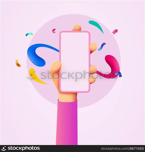 Holding phone in one hand. Phone mockup. Color explosion. Touching screen with finger. Vector illustration. Holding phone in one hand. Phone mockup. Color explosion. Touching screen with finger.