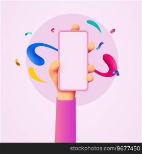 Holding phone in one hand. Phone mockup. Color explosion. Touching screen with finger. Vector illustration. Holding phone in one hand. Phone mockup. Color explosion. Touching screen with finger.