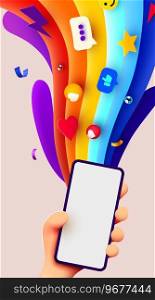 Holding phone in two hands. Phone mockup. Color explosion. Bright poster. Vector illustration. Hand holding phone. Phone mockup. Color explosion. Bright poster