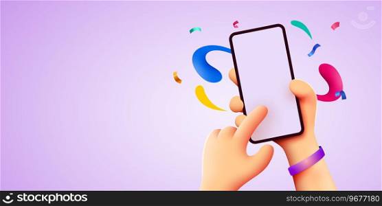 Holding phone in two hands. Phone mockup. Color explosion. Touching screen with finger. Vector illustration. Holding phone in two hands. Phone mockup. Color explosion. Touching screen with finger.
