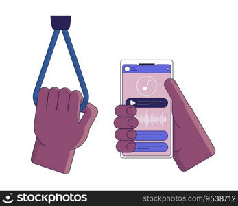Holding smartphone flat line concept vector spot illustration. Safety trip. Handrail in transport 2D cartoon outline hand on white for web UI design. Editable isolated color hero image. Holding smartphone flat line concept vector spot illustration