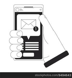 Holding smartphone with new message bw concept vector spot illustration. Email notification 2D cartoon flat line monochromatic hand for web UI design.editable isolated outline hero image. Holding smartphone with new message bw concept vector spot illustration