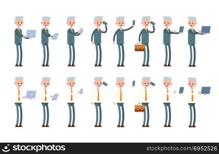 holds a laptop, tablet, phone. does selfie, shows the laptop screen. elderly businessman. cartoon character set